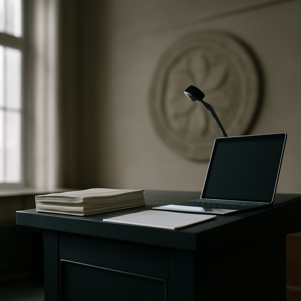 Modern podium with abstract seal in background, in formal institutional setting.