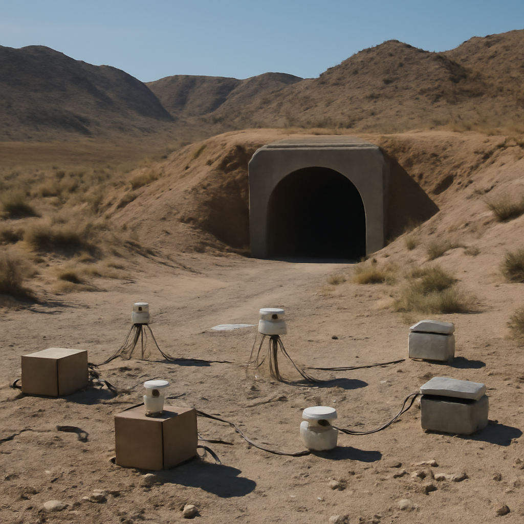 Desert landscape with tunnel entrance and scientific instruments in foreground.
