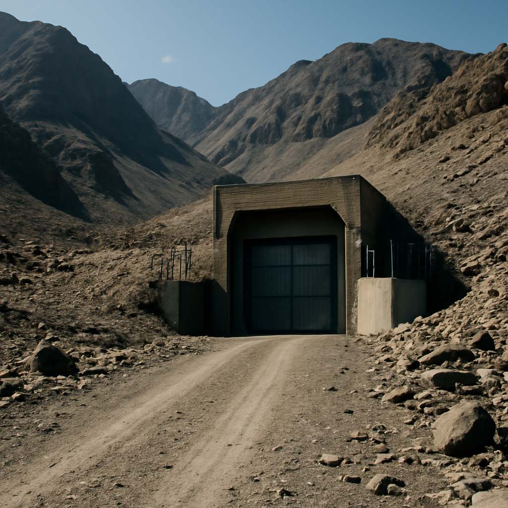 Secure underground facility entrance in rugged mountainous landscape.