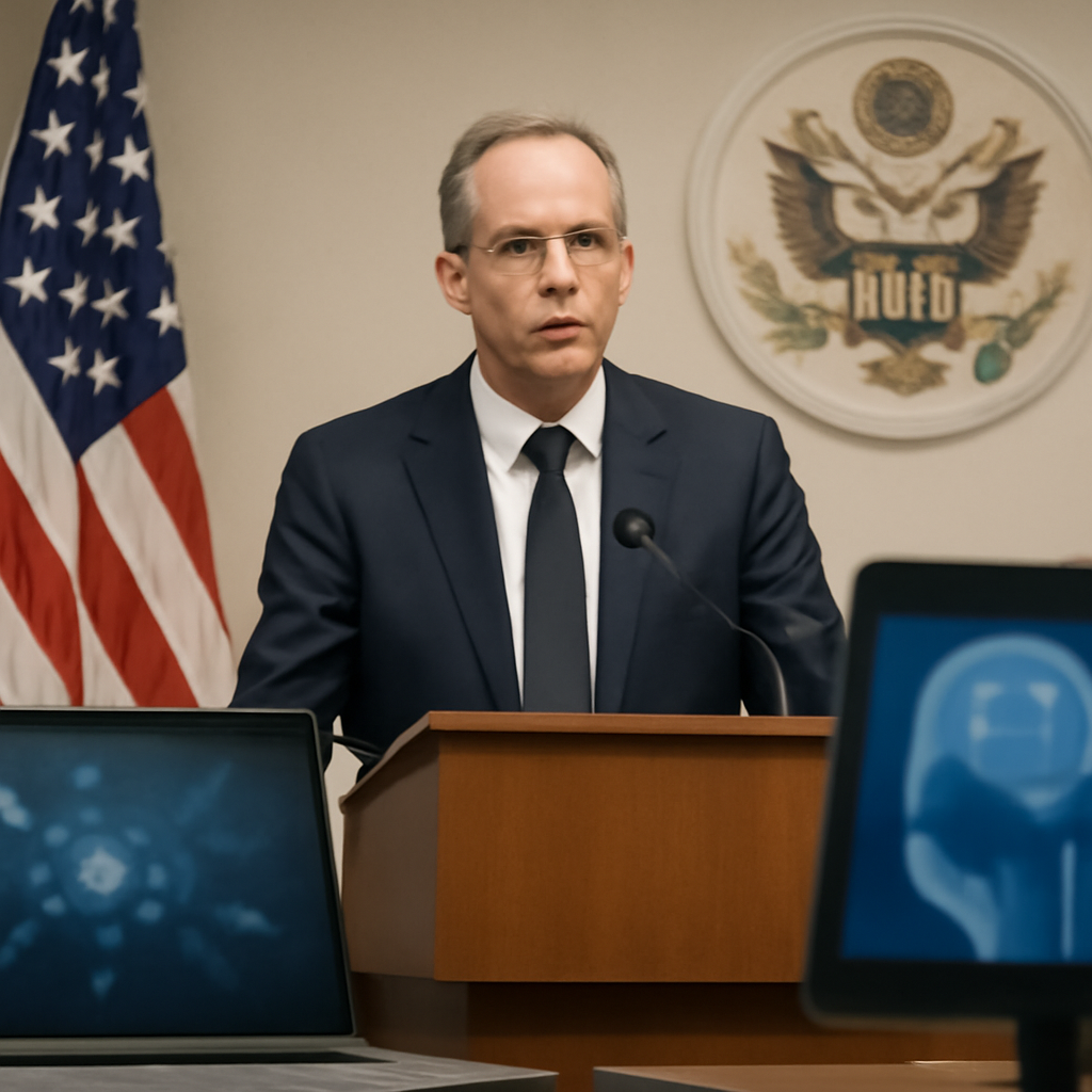 US officials gather at a podium in a neutral-toned government setting to discuss AI technology.