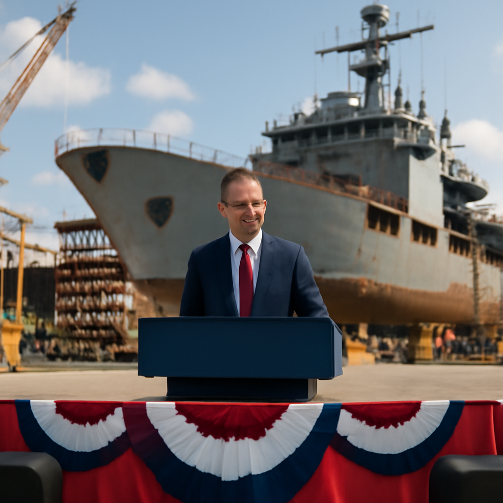 Suited speaker addresses crowd at shipyard podium with partially built ship behind.