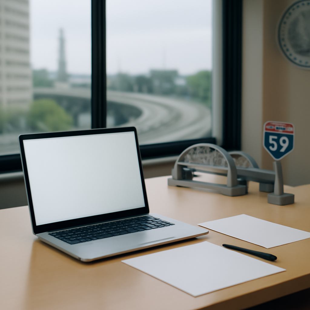 Government agency office desk with laptop and papers, cityscape and transportation infrastructure visible through window.