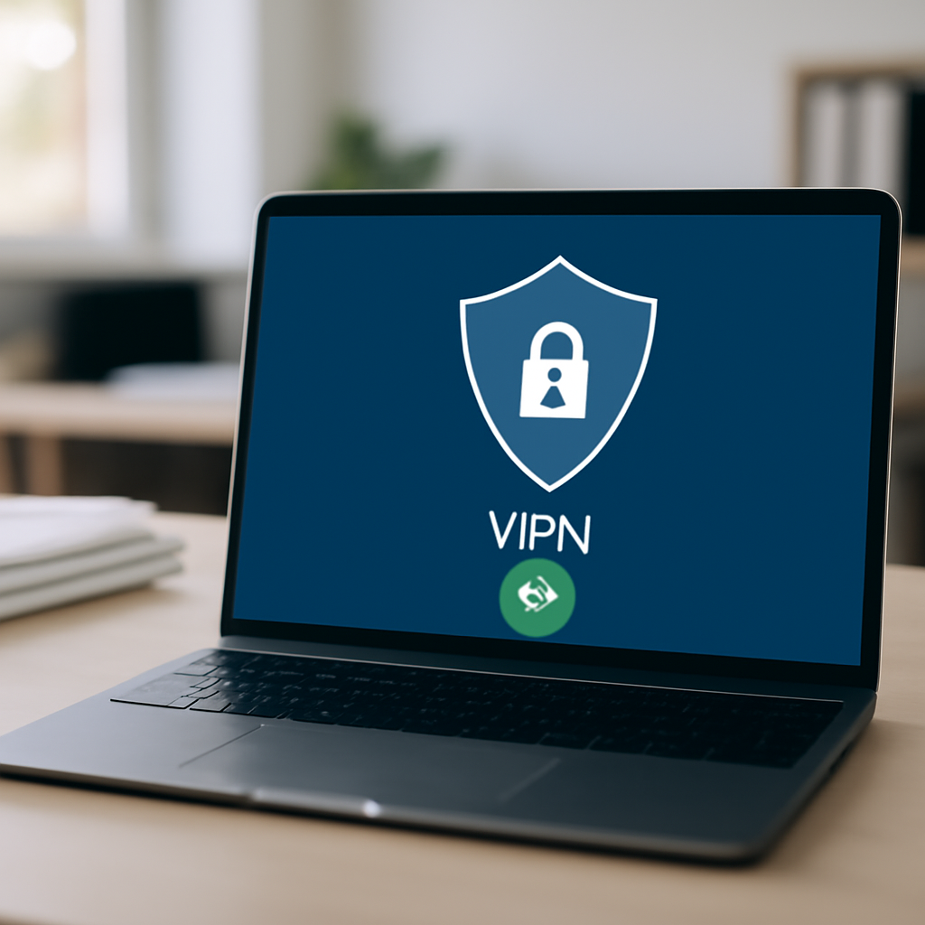 Laptop screen displays virtual private network setup on neutral desk in office.