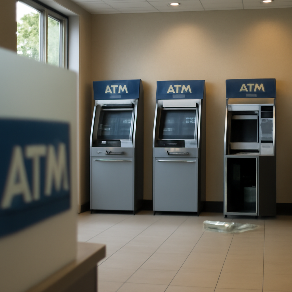 Bank lobby with ATMs, one vandalized with panel open and cash on floor.