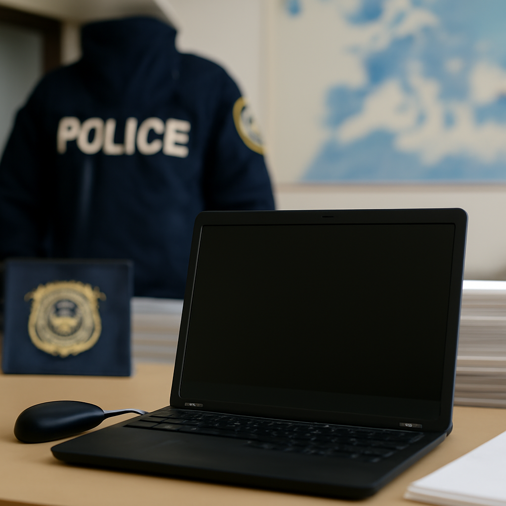 Law enforcement officers surround a computer setup, symbolizing the dismantling of a VPN service linked to ransomware groups.
