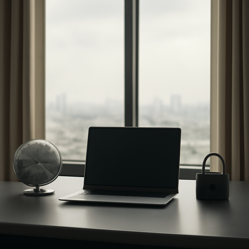 Modern desk with laptop sits in front of large window overlooking hazy cityscape.