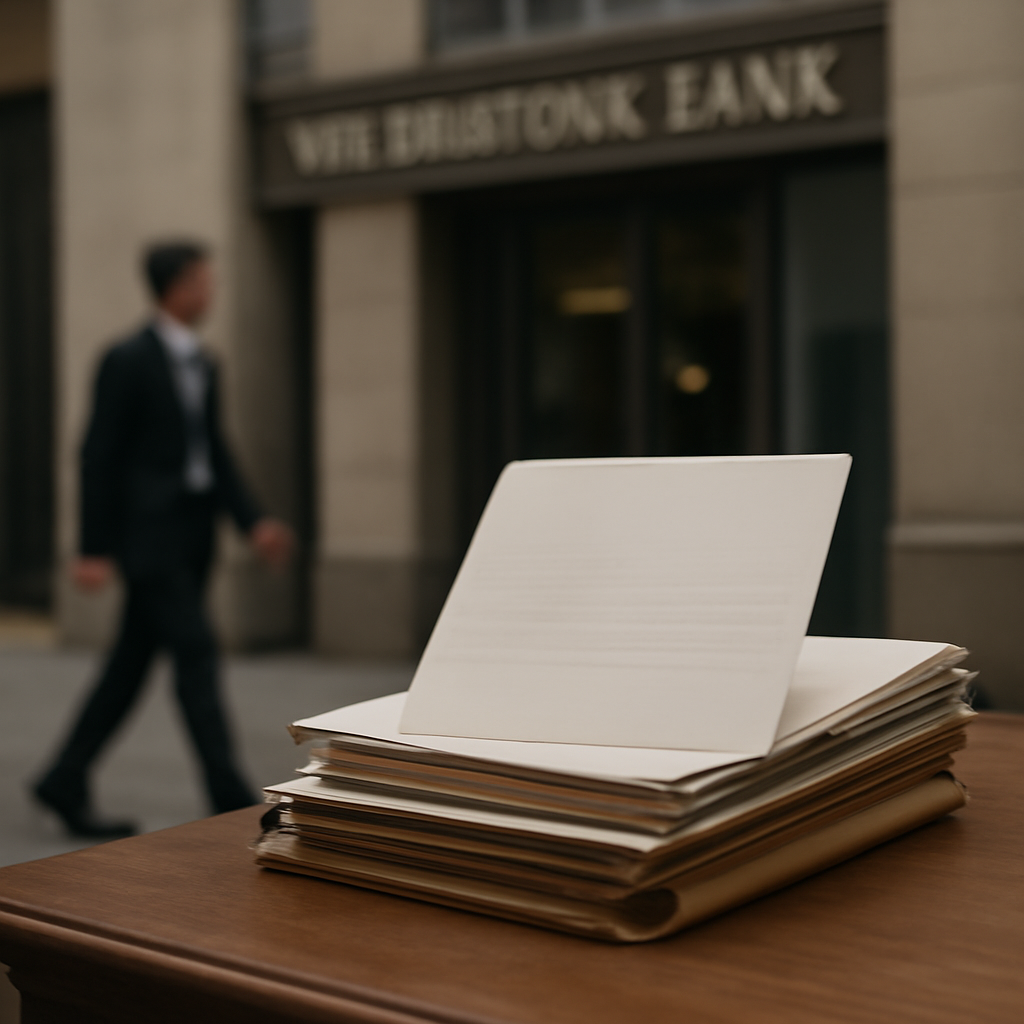 Blurred figure walks past a desk with financial documents.
