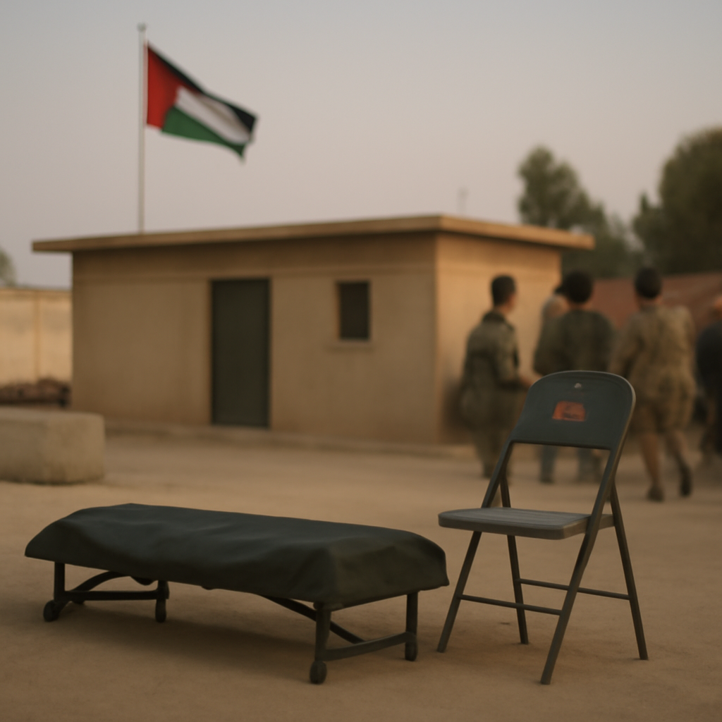 Somber military base scene with a lone, empty US military chair amidst muted colors and soft daylight.