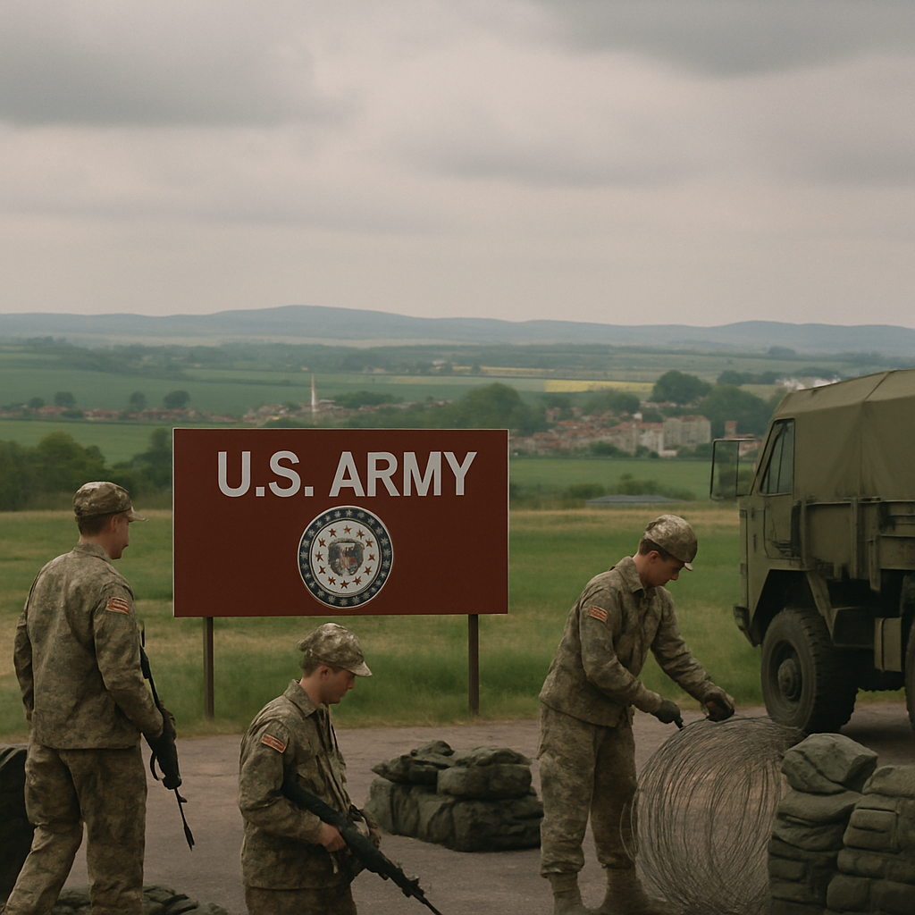 US military personnel and equipment stationed in a German landscape under overcast skies.