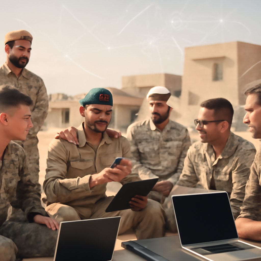 US and Emirati military personnel collaborate at a modern facility in a desert environment.