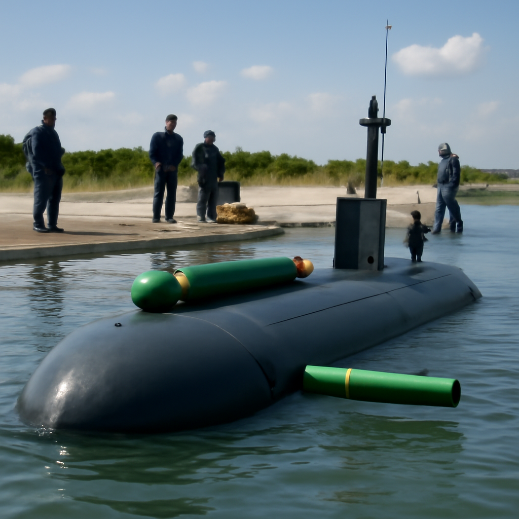 Unmanned submarine launches torpedo at naval test range with personnel observing.