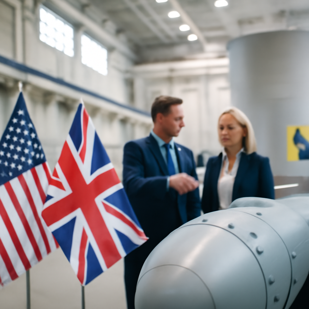 US and UK officials stand together at a joint nuclear facility, symbolizing cooperation and mutual deterrence.