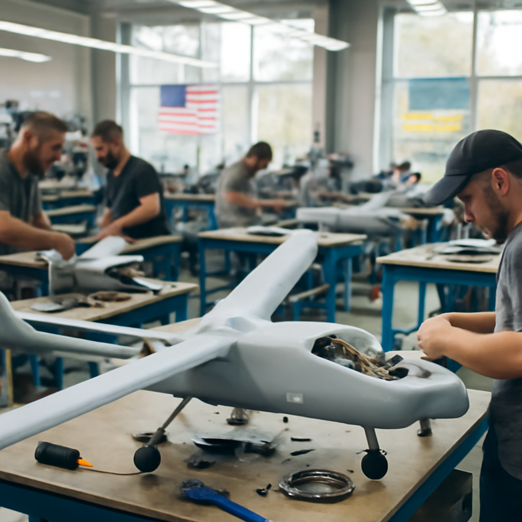 Technicians assemble drones at a brightly-lit manufacturing facility with American and Ukrainian flags in the background.