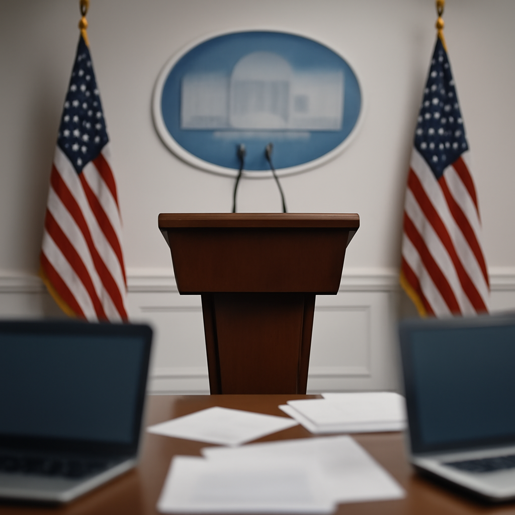 Formal podium in a brightly lit institutional setting with a blurred emblem in the background.