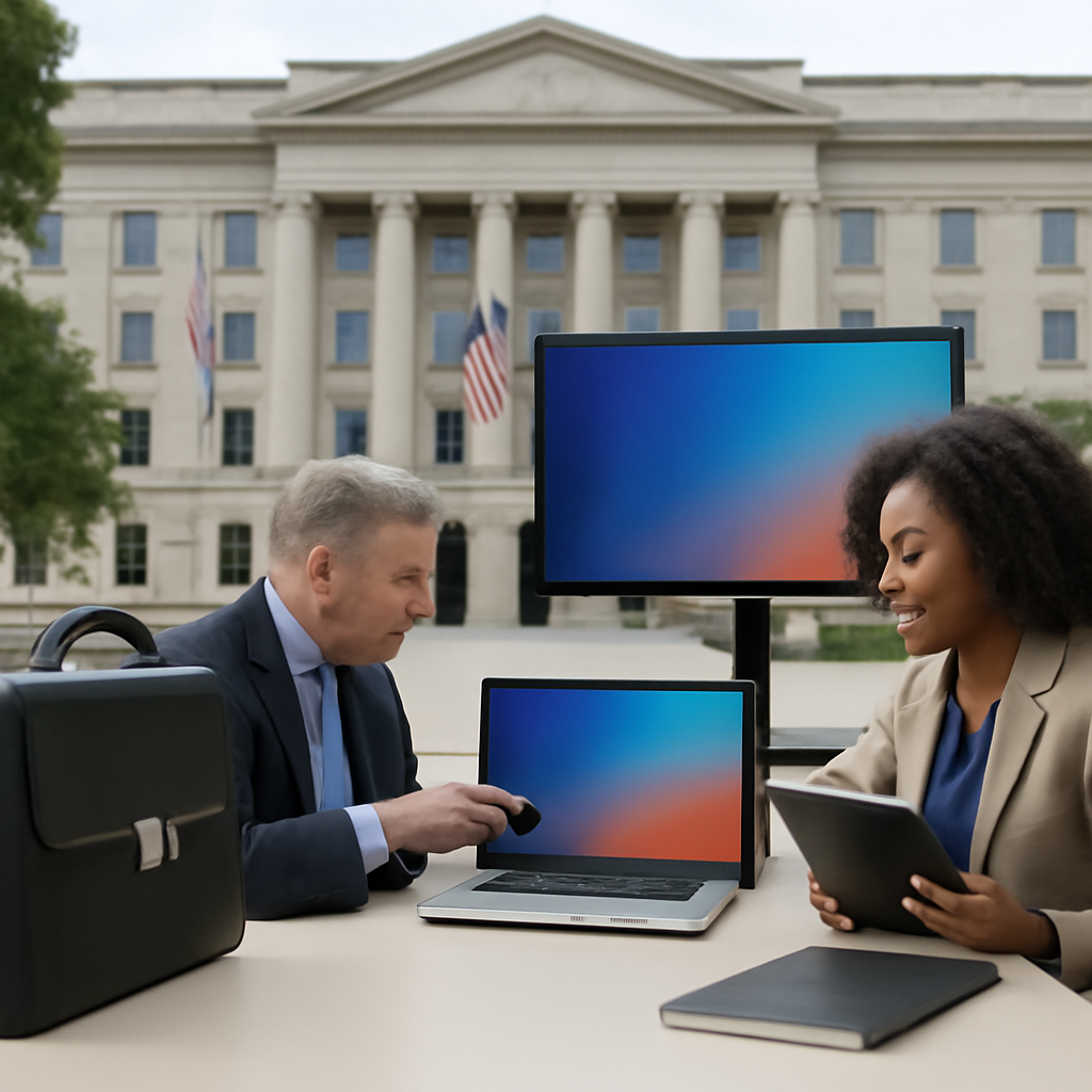 Federal government building with people collaborating, laptop in use.