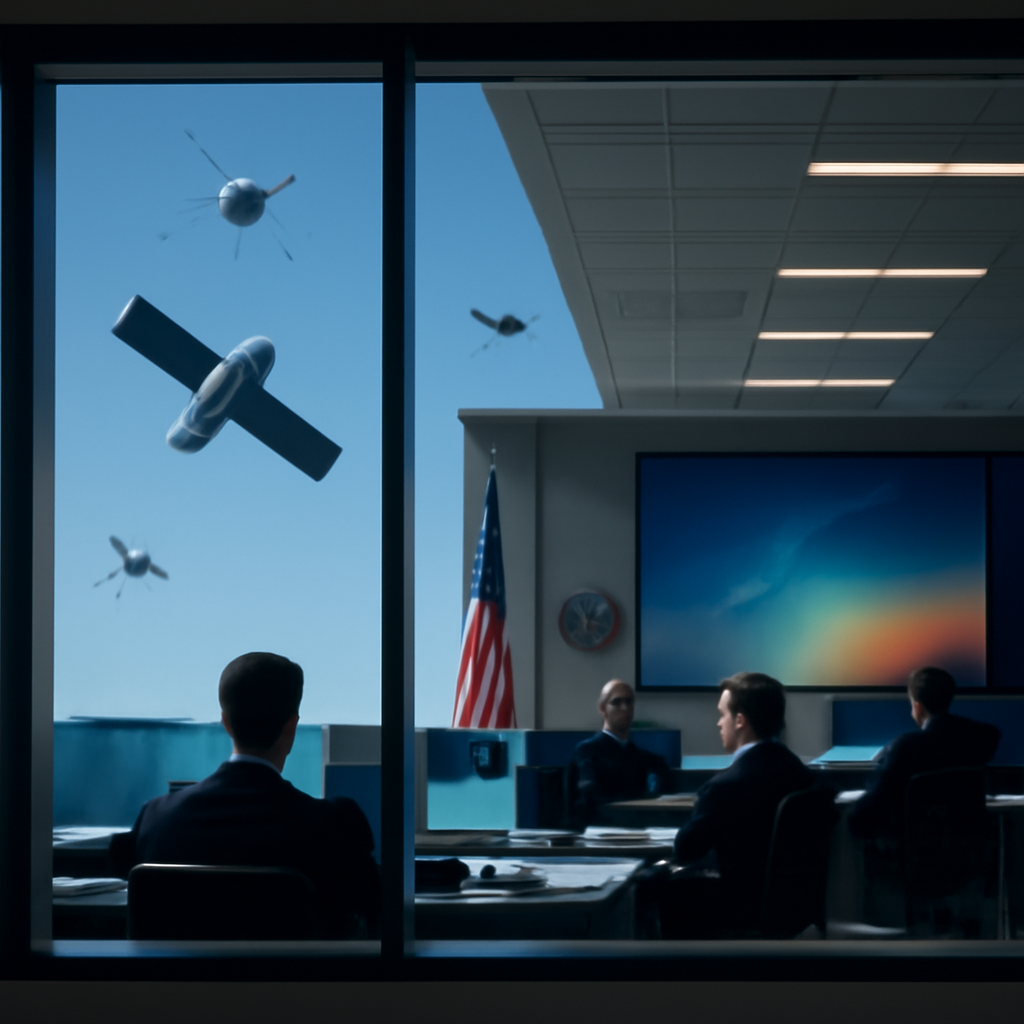 US military personnel work at computer stations in a modern, secure operations room.