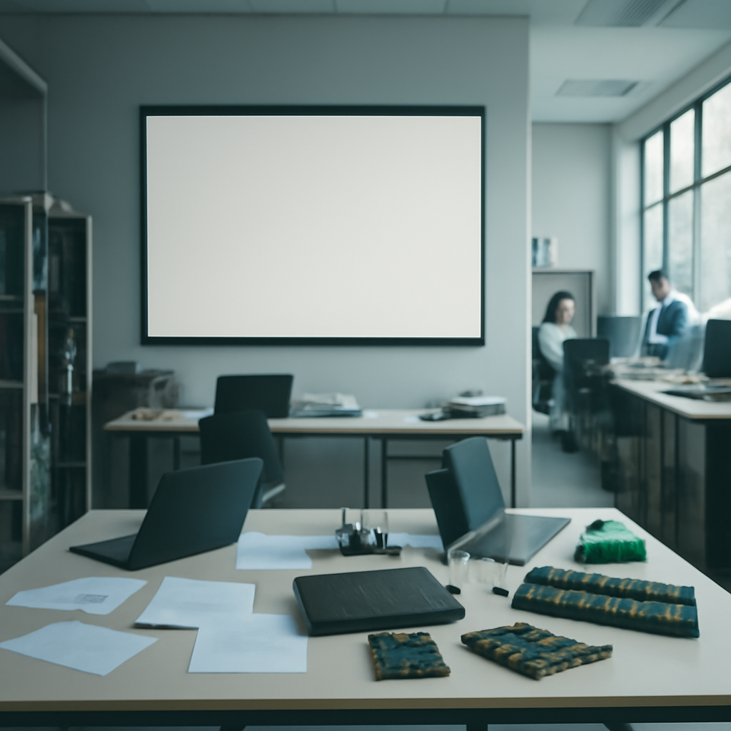 Modern research facility interior with people working, whiteboard, and technical equipment.