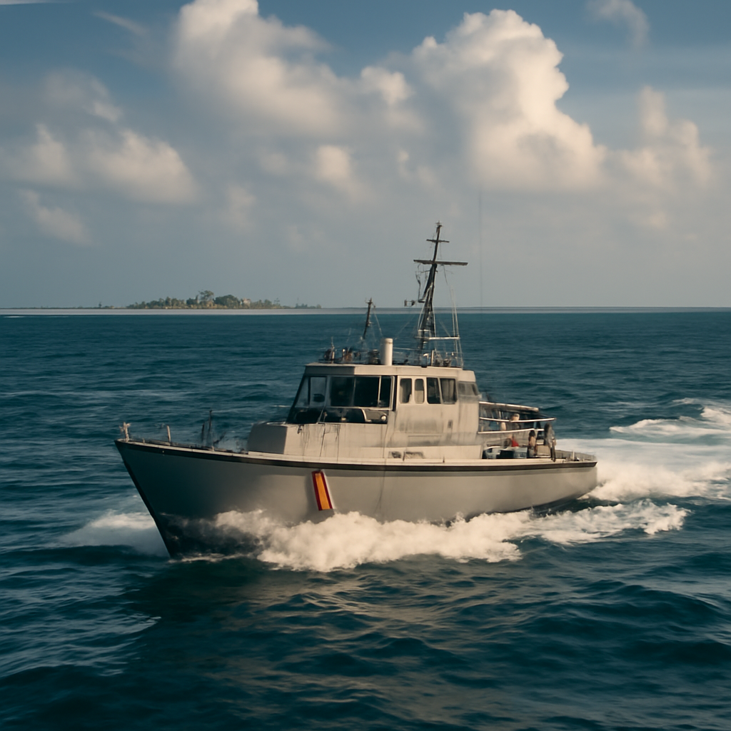 A small patrol boat navigates choppy South China Sea waters near a disputed reef.