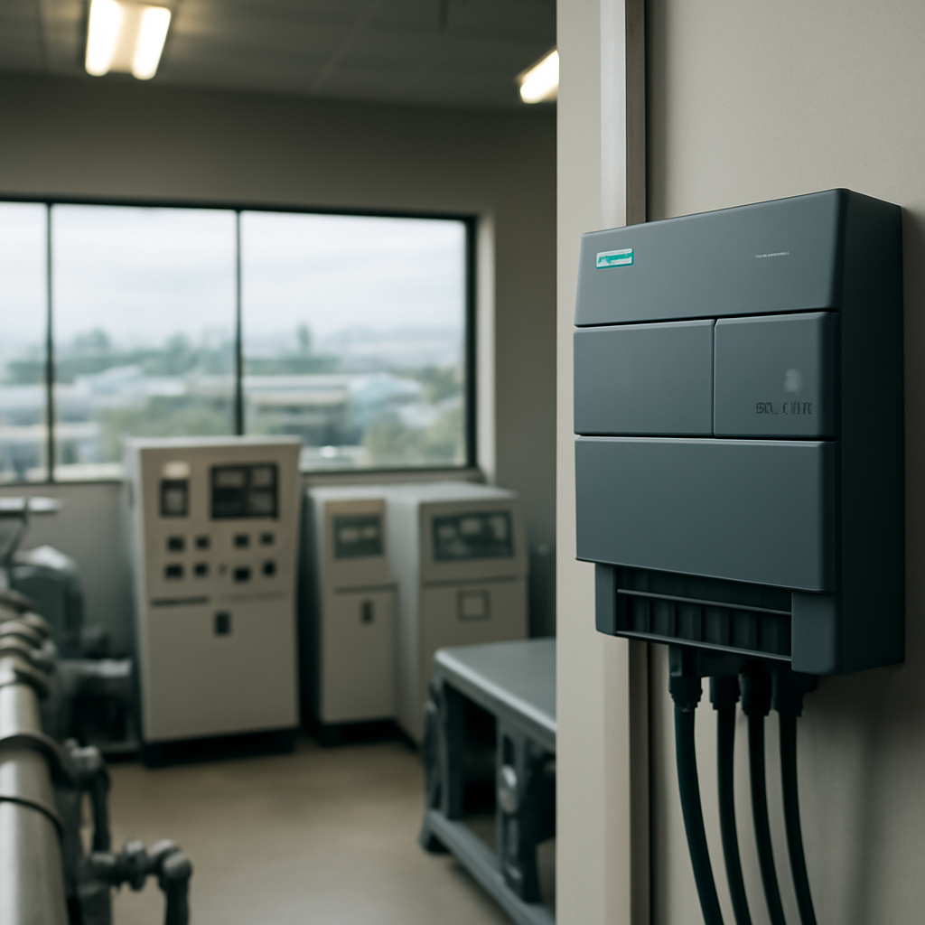 Siemens PLC device mounted on a wall in an industrial control room with a cityscape visible through a window.