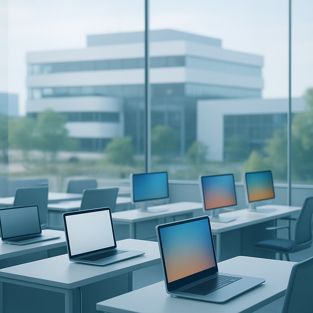 Modern tech facility with large glass window overlooking blurred cityscape.