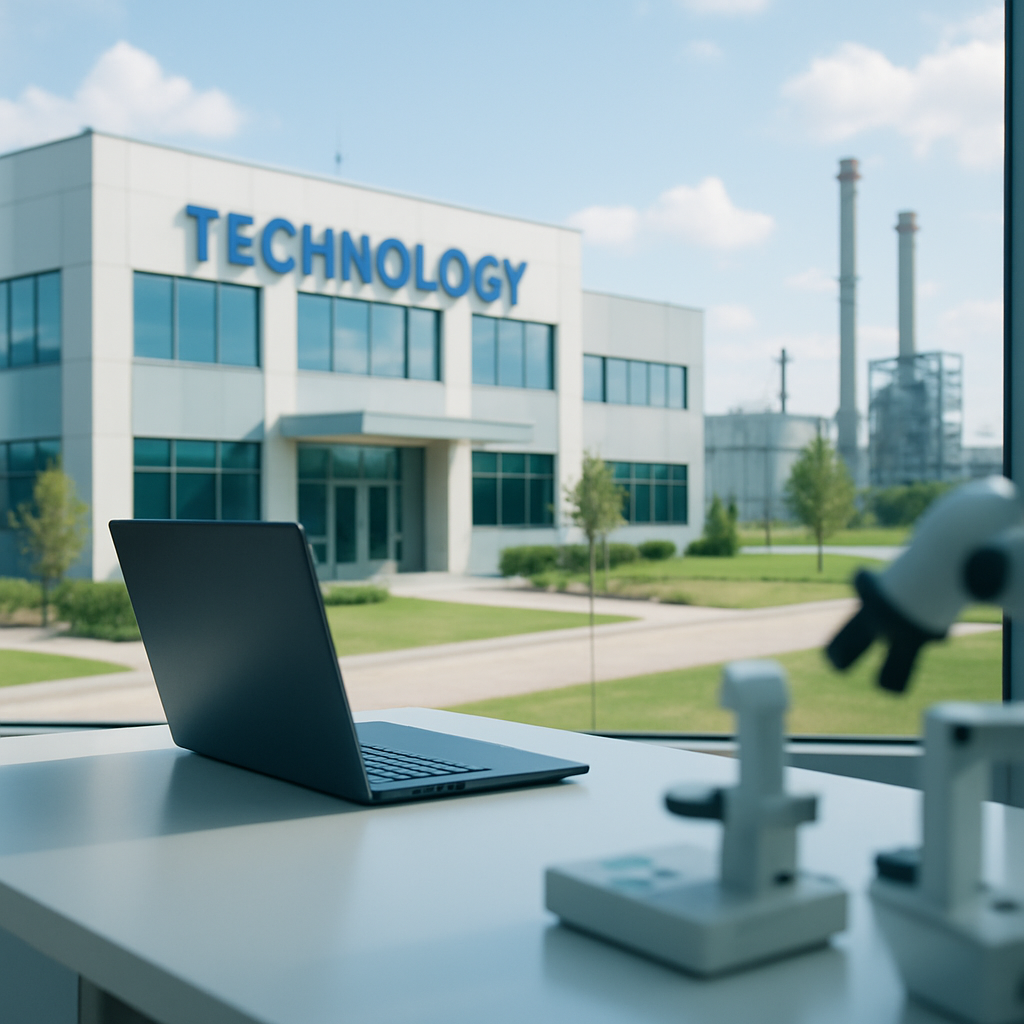 Modern lab setting with computer workstation and subtle industrial background.