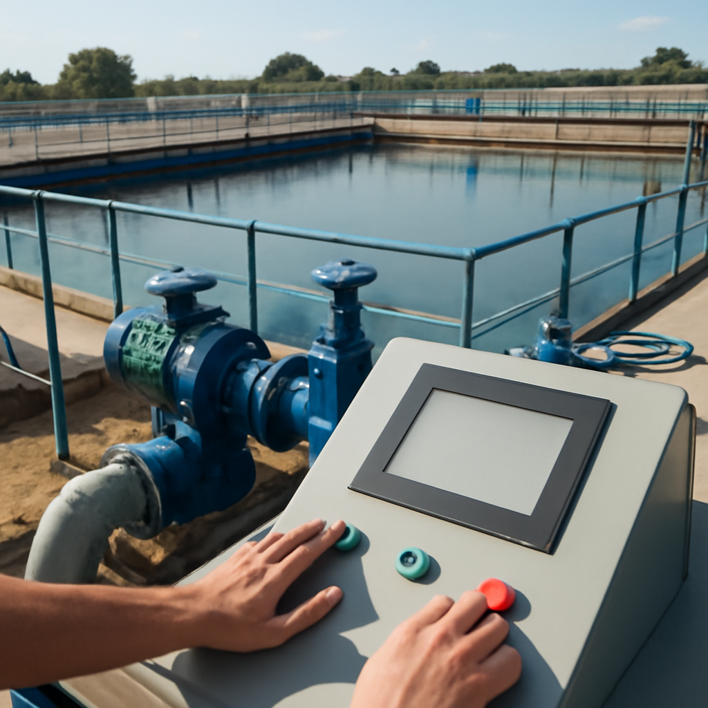 Municipal water treatment plant with industrial controls and operator at panel.