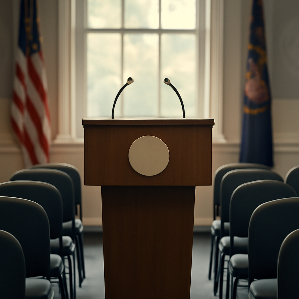 Empty chairs surround a podium in a government briefing room with a large window and subtle patriotic pattern.