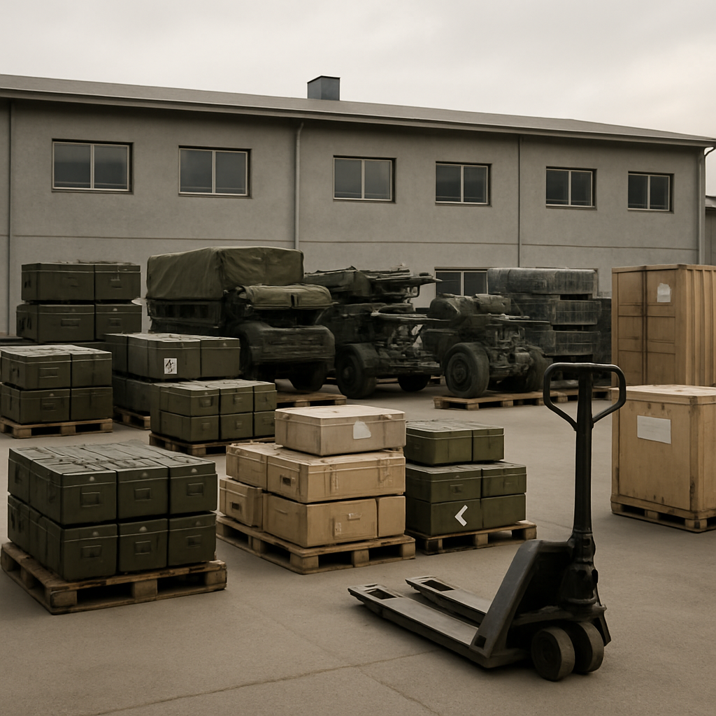 Military equipment and defense supplies stacked on pallets and in crates at a logistics hub.