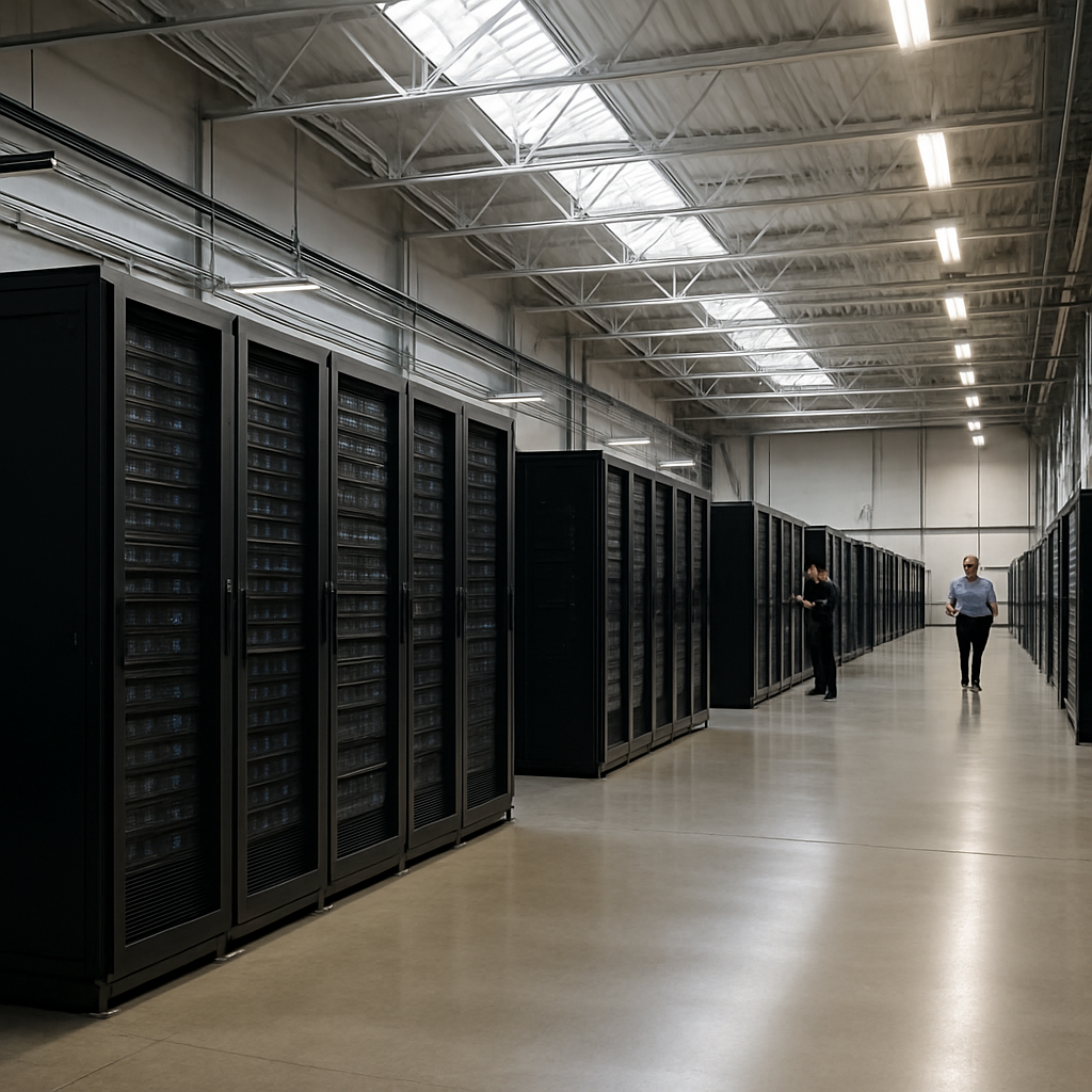 Large data center interior with rows of computer servers and technicians in the background under bright daylight.