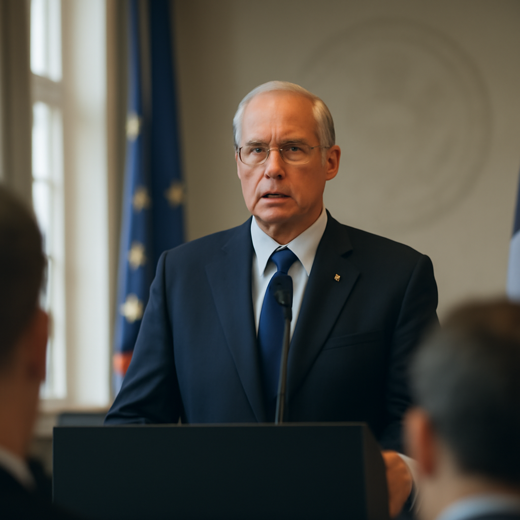 Senior US military officer addresses audience with serious expression at formal conference.