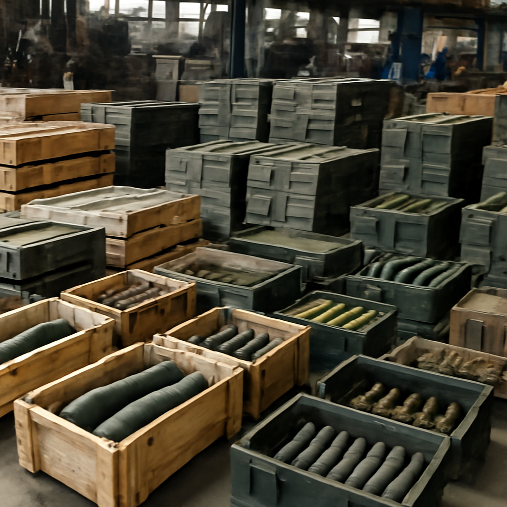 Rows of crates filled with military equipment and supplies in a storage facility.