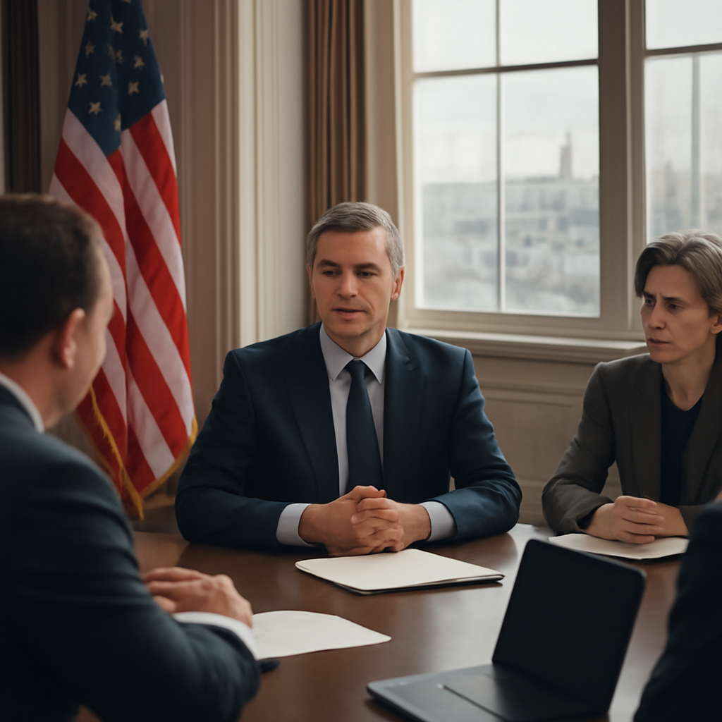 Government officials meet in a formal conference room with subtle industrial elements visible through a window.