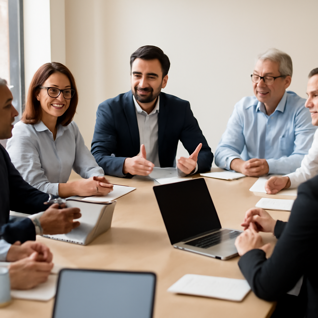 Professionals in business attire engaged in discussion around a conference table with laptops and notebooks.