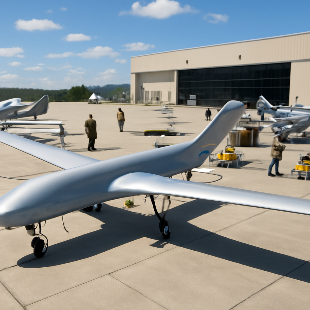 Military personnel and support equipment surround partially assembled drones on a tarmac.