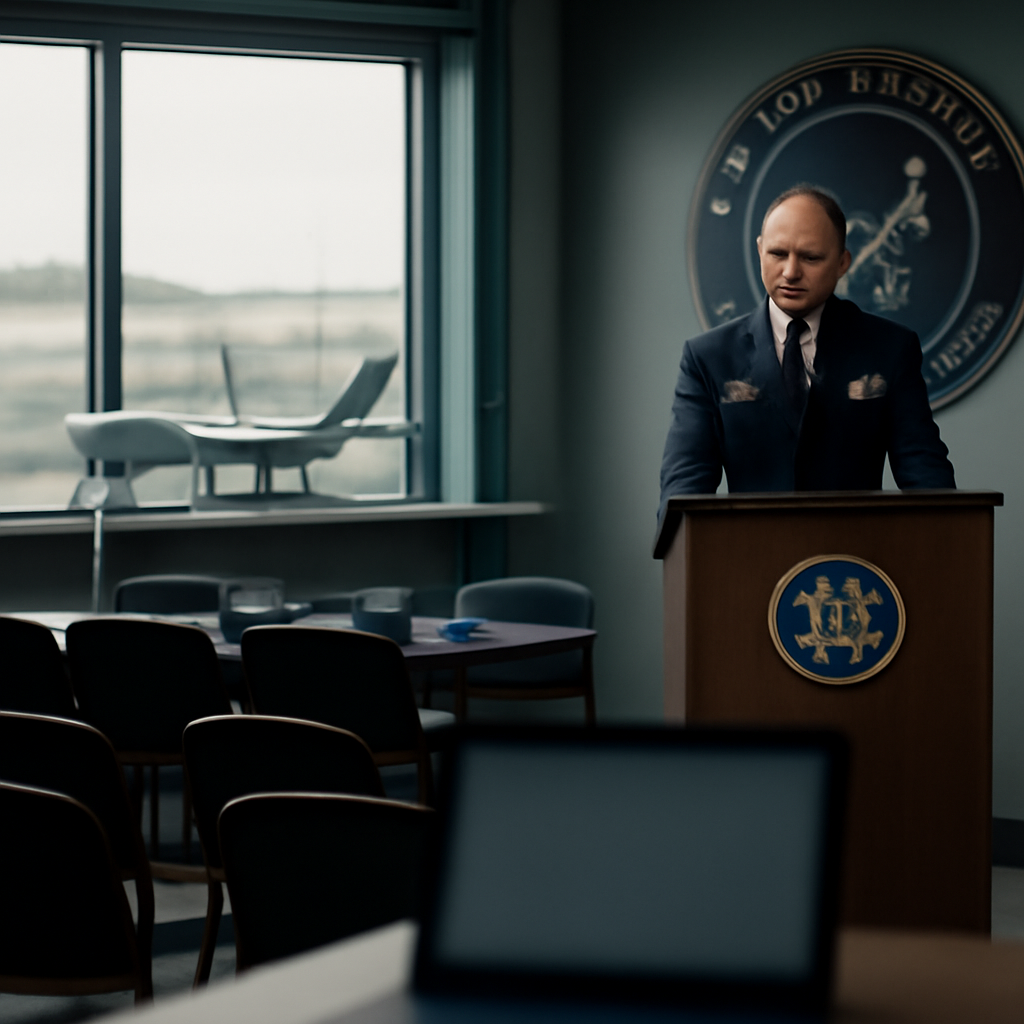 USAF briefing room with podium, chairs, and UAV models on a table near a window overlooking a military airbase.