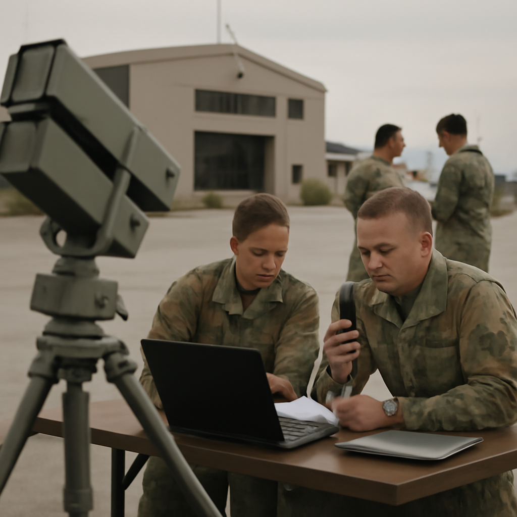 US Air Force personnel operate near airfield defenses under daylight.