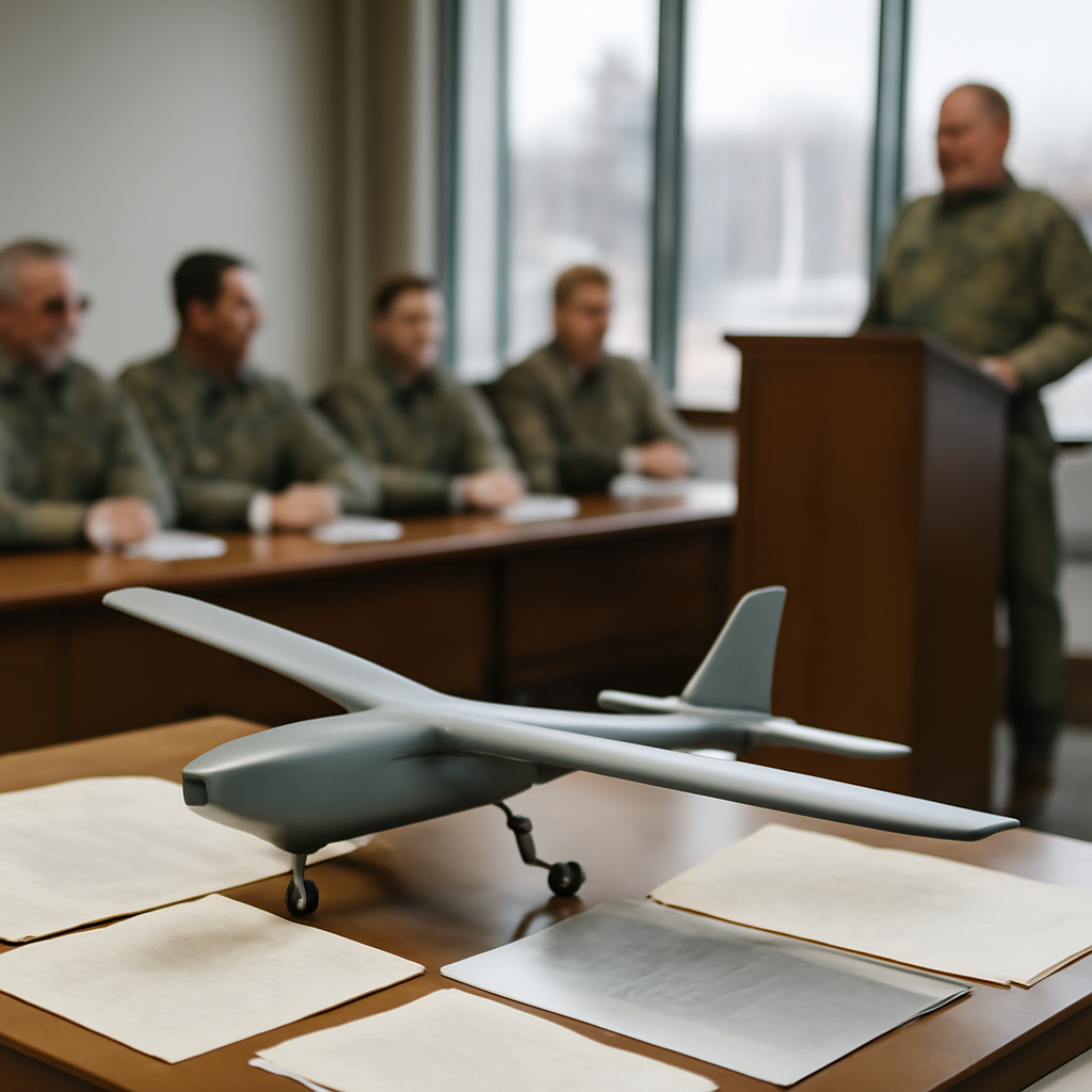 Military officials gather around a table with a model aircraft and briefing materials.