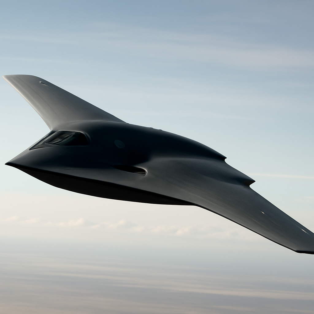 US Air Force B-21 Raider bomber in flight, showcasing sleek design and air-to-air capabilities.