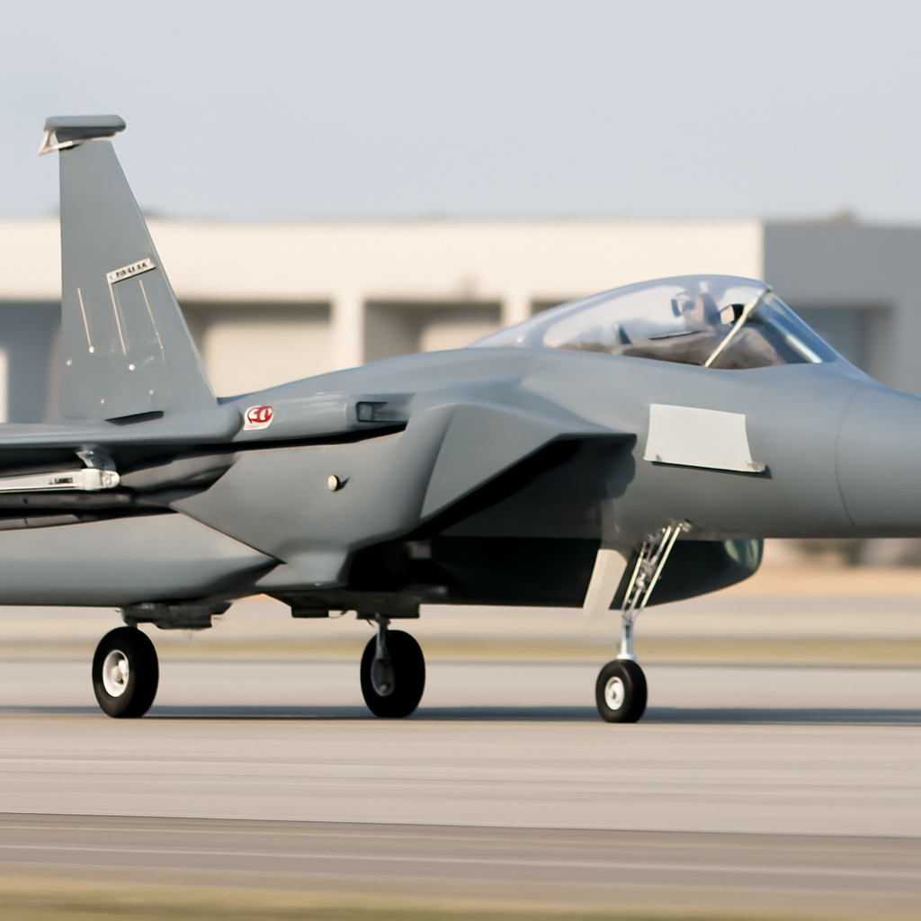 F-15EX fighter jet on runway with blurred background and abstract missile warning system display.