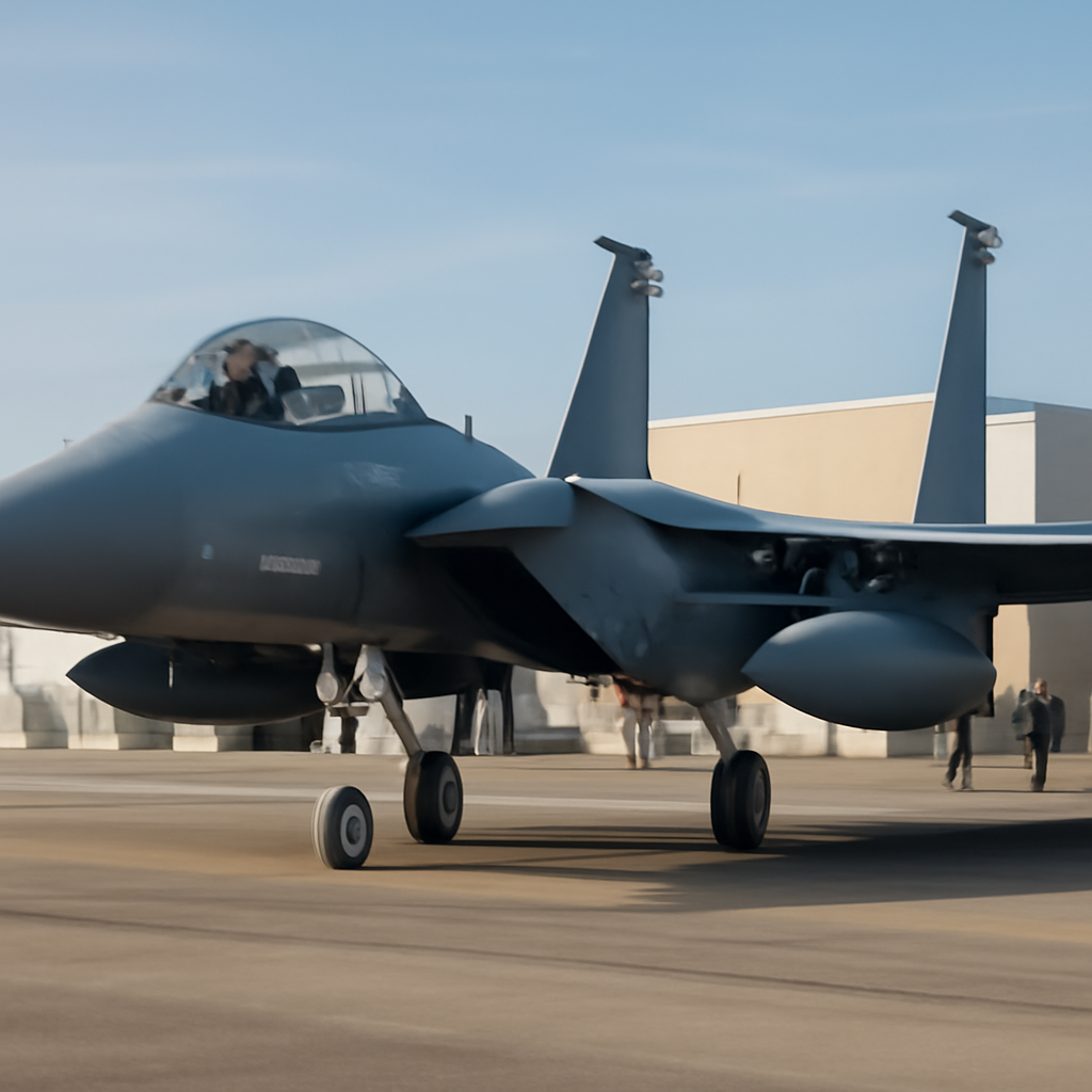 F-15EX fighter jet on tarmac with personnel and hangar in background.