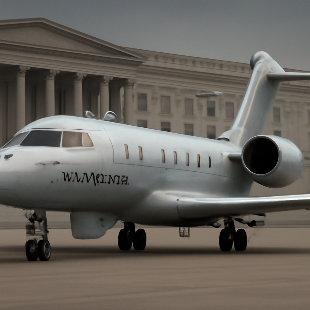US Air Force E-11A Battlefield Airborne Communications Node jet on a runway with a subtle government building background.