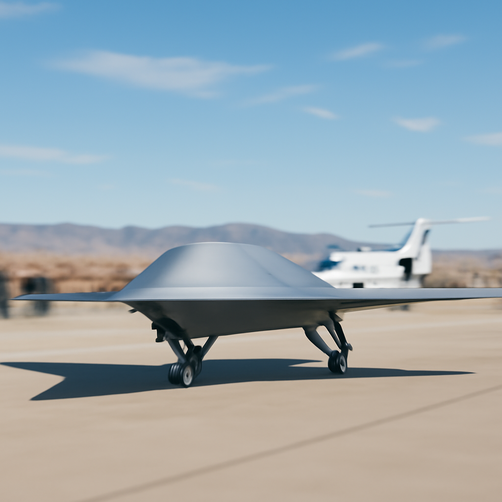 Futuristic unmanned aerial vehicle on a runway at Creech AFB with a Learjet in the background.