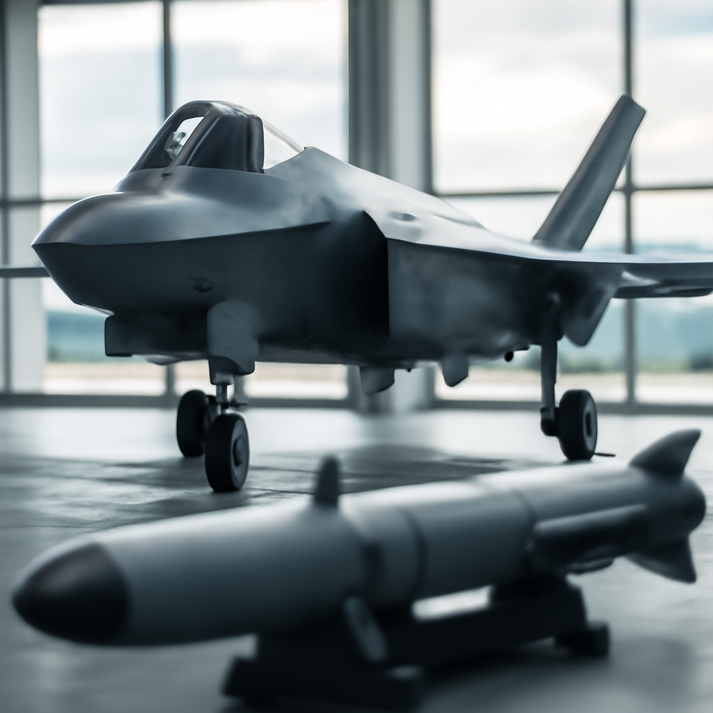 Military aircraft on a runway or in a hangar with a blurred background.