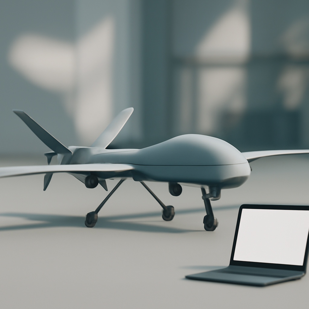 Next-generation unmanned aerial vehicle model on neutral surface with minimalist background.