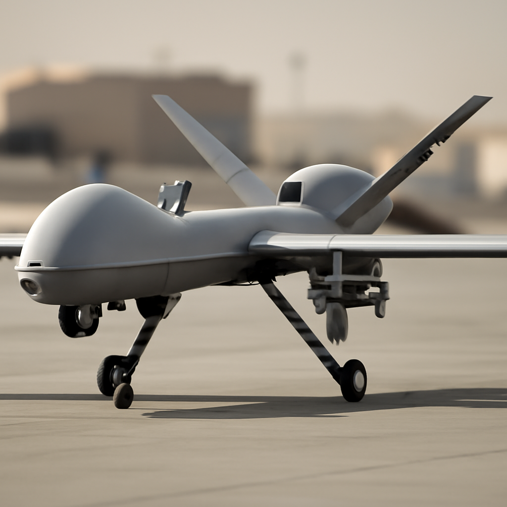 Factory-new MQ-9 Reaper drone centered on a neutral background in soft daylight.
