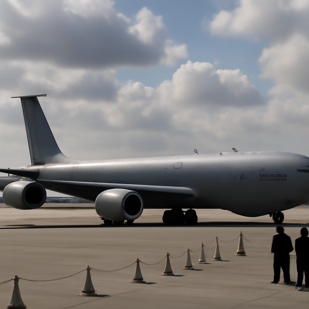 US Air Force refueling tanker on tarmac at Ben Gurion Airport with personnel nearby.