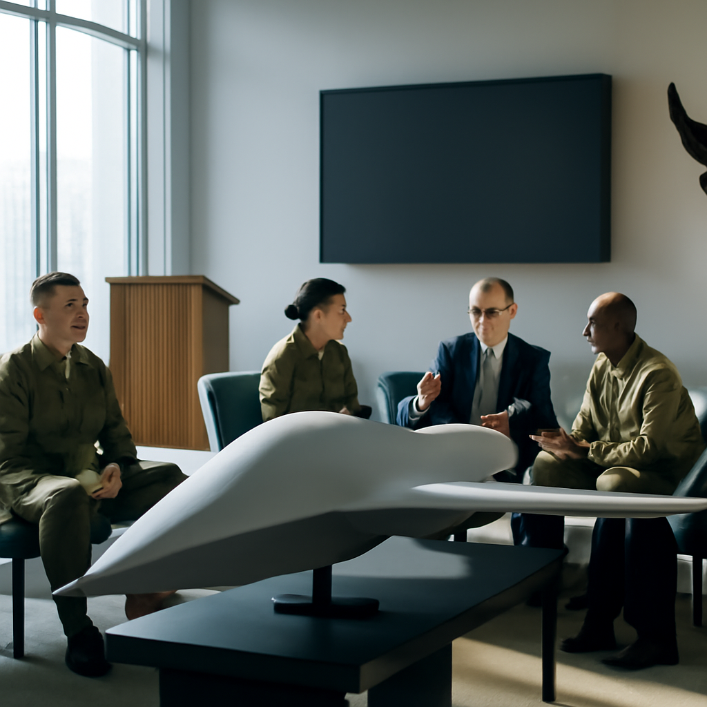 USAF briefing room with abstract model of Collaborative Combat Aircraft on display.