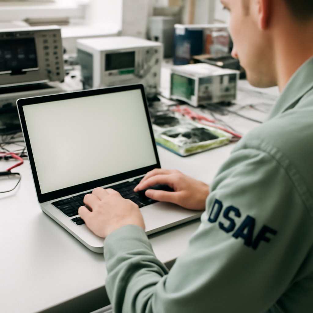 USAF researcher working on laptop at lab bench with technical equipment.