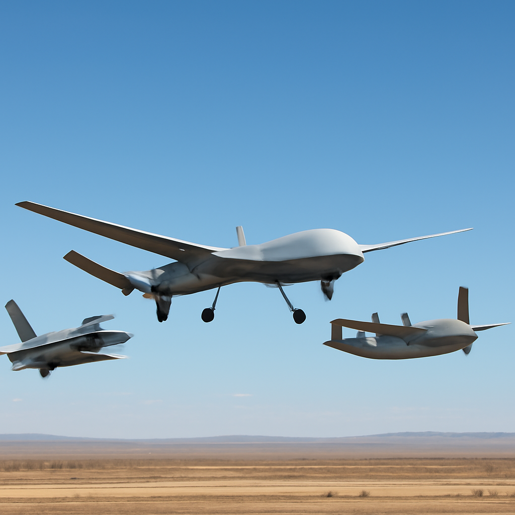 Drone flies in formation with fighter jet and military aircraft over desert landscape.