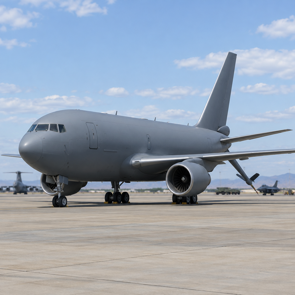 US Air Force KC-46 Pegasus aerial refueling tanker parked on a runway with distant landscape and out-of-focus aircraft.